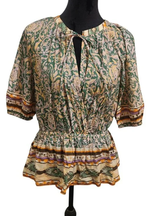 CURRENT AIR Floral Aztec Print V-Neck Short Sleeve Peplum Blouse Size L - Picture 3 of 6